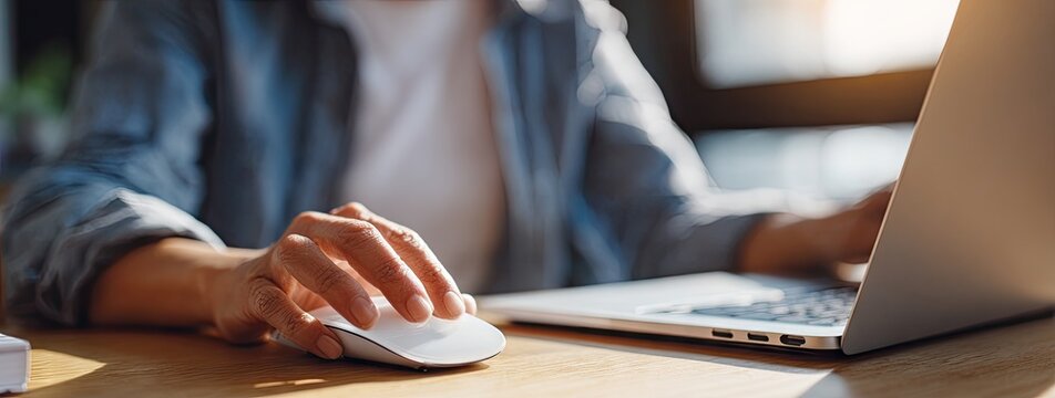 Close up of a persons hand using a wireless mouse while working on a laptop computer on a wooden desk.