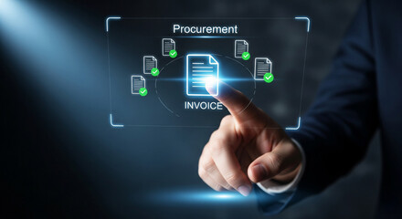 Dramatic Dark Background with Professional Hand Interacting with Transparent Invoice Icons and “Procurement” Label