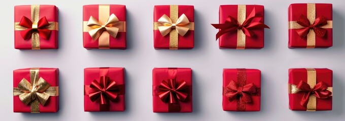 set of red gift boxes with golden ribbon bows on white background, top view, flat lay, photorealistic, high resolution photography