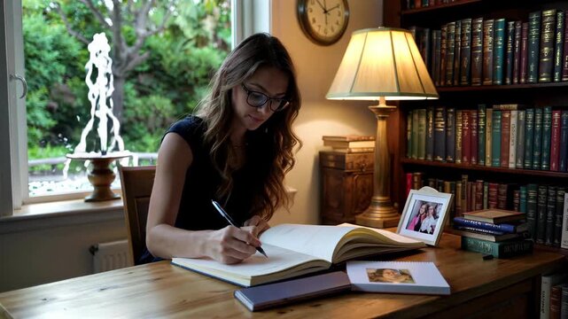 Woman writing at study table Intellectual woman writing in study