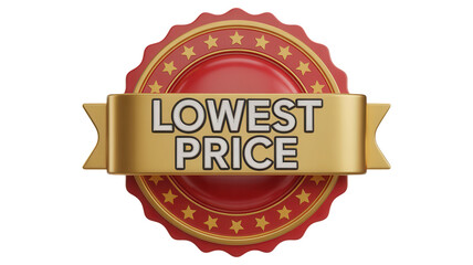 Golden ribbon with the text lowest price on a red oval seal award emblem isolated on transparent background