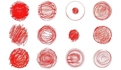set of red hand drawn doodle circle on white background, vector illustration, flat design, simple line art, crisp lines, 2d drawing