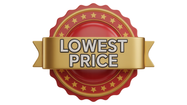 Golden ribbon with the text lowest price on a red oval seal award emblem isolated on transparent background