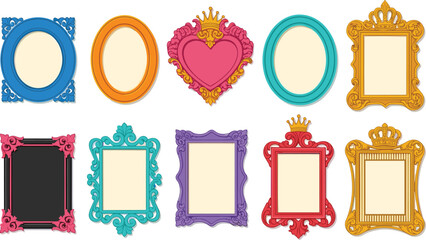 Ornate decorative picture frames set, vintage and modern styles, colorful oval, heart, circular, rectangular shapes with crowns, scrollwork, floral designs