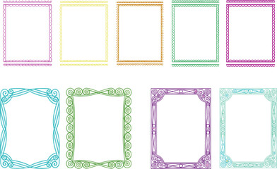 Colorful decorative rectangular frames set, ornate borders, scalloped, looped, zigzag, rope, spiral, geometric, wavy designs for art, photo, and decoration