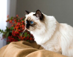 Cream-colored cat with blue eyes, looking off to the side, against a backdrop of muted tones and reddish berries