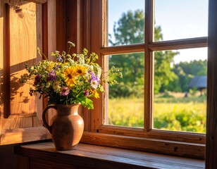 Rustic window with flowers and a summer view