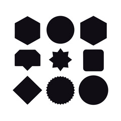 Black geometric shapes vector collection, abstract badges and labels, modern logo symbols, creative design elements, empty template graphic illustration.