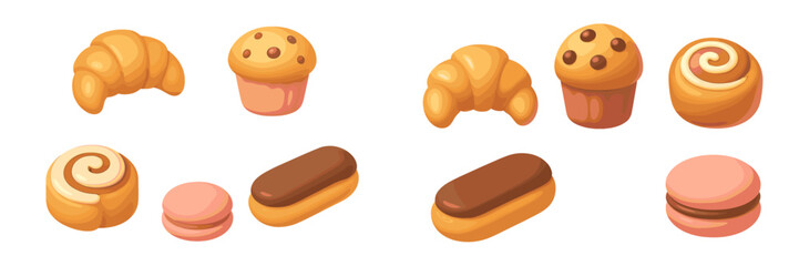 Delicious breakfast pastries and sweet desserts set with croissants muffins cinnamon rolls eclairs and macarons