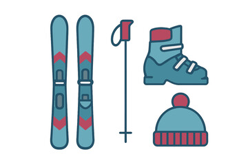 Ski equipment including skis, poles, boots, and a hat ready for a snowy adventure in the mountains during winter