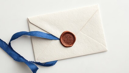 A vintage-style envelope, sealed with a copper wax stamp and tied with blue ribbon