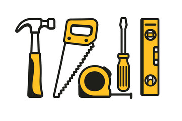Essential hand tools for construction, carpentry, and home improvement projects including hammer, saw, tape measure, screwdriver, and level