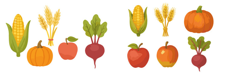 Collection of colorful and fresh vegetables and fruits featuring corn, pumpkin, radish, and apples in a vibrant display