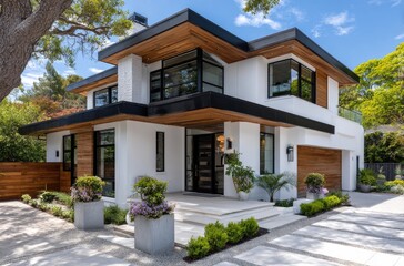 Fototapeta premium a small, white two-story house with an l-shaped driveway and a wooden fence, featuring modern windows and black accents on the roof and walls.
