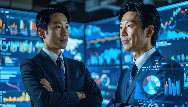 Two businessmen in suits stand facing forward, looking at large screens with data
