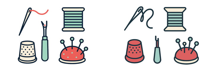 Essential sewing tools and haberdashery items like needle, thread, thimble, seam ripper, and pincushion for crafting and mending projects