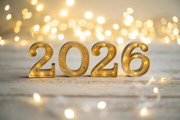 Golden digits in 2026 number with bokeh lights in the background. 2026 new year backdrop