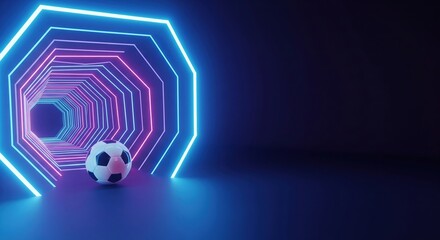 Futuristic Soccer Ball in Neon Hexagonal Tunnel with Vibrant Blue and Pink Lights