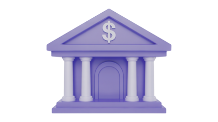 A stylized 3d illustration of a purple bank building with columns and a dollar sign on its pediment isolated on transparent background