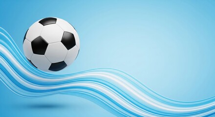 Naklejka premium Classic Soccer Ball with Dynamic Blue and White Wavy Lines on a Gradient Background