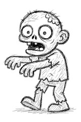 Zombie with bulging eyes and tattered clothes hand drawn in pencil and crayon for Halloween cartoon horror character
