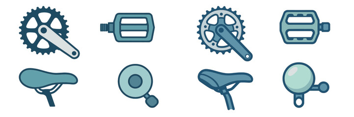Collection of essential bicycle components including gears, pedals, seats, and bells for cycling enthusiasts