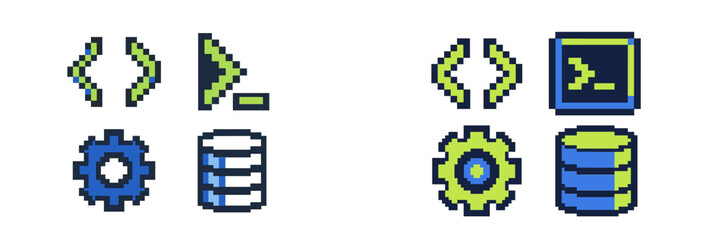 Obraz premium Colorful pixel art icons for programming, database, settings, and command line interfaces in digital projects