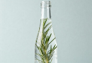 Clear glass bottle filled with sparkling water and fresh rosemary sprigs against a neutral background, refreshing herbal drink concept