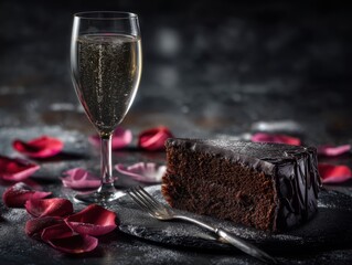Luxurious chocolate cake with champagne on slate table, rose petals, elegant dessert still life, celebration mood