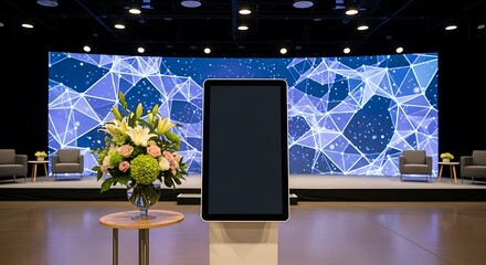 Tablet stands in front of large led screen on stage during corporate event with floral arrangement, creating a modern and professional atmosphere.