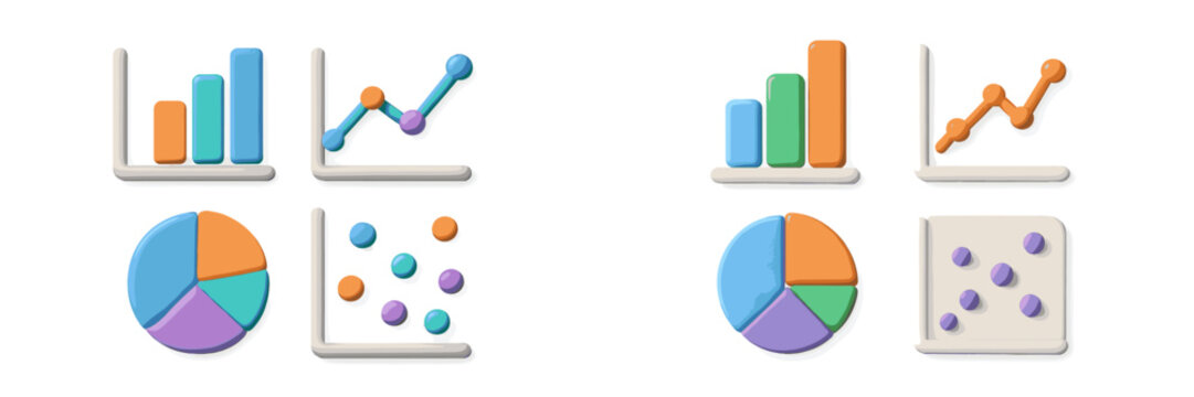 Business analytics and financial data visualization with bar, line, pie, and scatter charts for reports