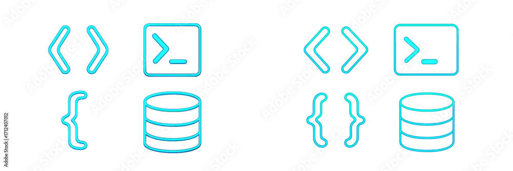 Fototapete modern programming and data development icons set featuring angle brackets, terminal, curly braces, 