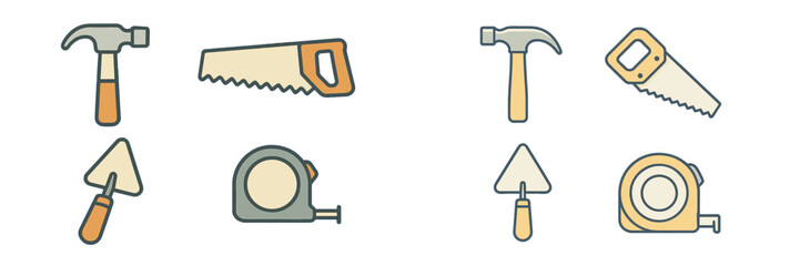 Essential hand tools for construction, home repair, and DIY projects, featuring a hammer, saw, trowel, and tape measure