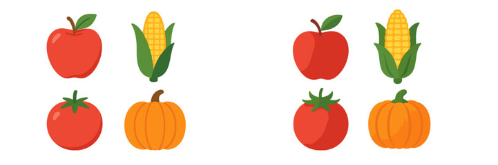 Colorful cartoon fruits and vegetables arranged in two rows showing apples, corn, tomatoes, and pumpkins against a white background