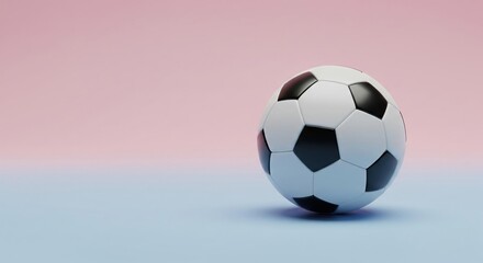 Naklejka premium Classic Black and White Soccer Ball on Modern Pastel Pink and Blue Gradient Background with Copy Space