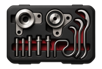 Timing belt tool kit with tensioners and locking pins for engine servicing.