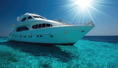 Fototapeta premium A luxurious yacht rests gracefully in the turquoise waters, bathed in the brilliant sunlight of a beautiful tropical day.