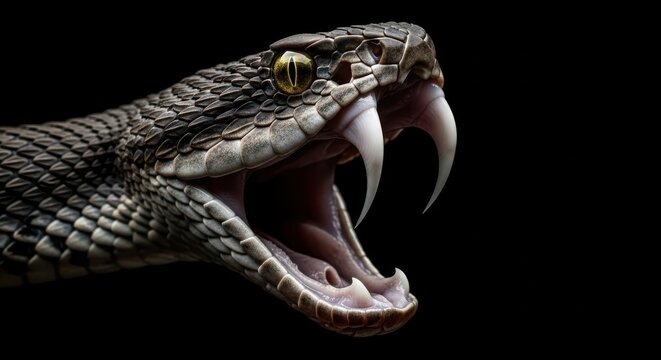 Close up of a pit viper with fangs bared and mouth open