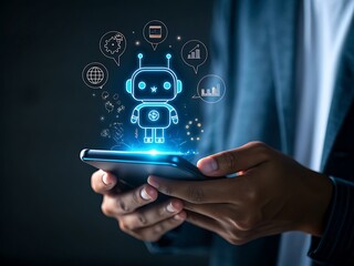 Person holding smartphone with glowing AI robot and icons