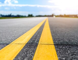 Airport runway, yellow center lines, sunny day