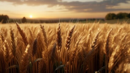 Naklejka premium Golden wheat field at sunset, idyllic rural scene
