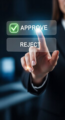 Dramatic Dark Background with Hand Selecting “APPROVE” on Transparent Digital Interface
