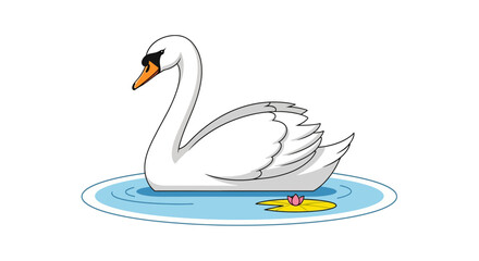 Fototapeta premium An elegant white swan gracefully swimming in a tranquil blue pond with a lotus flower, a simple vector illustration of wildlife beauty