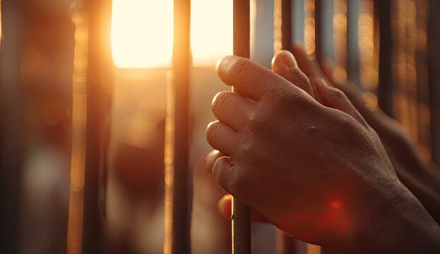 Hands clasped on metal bars, sunlight filtering through