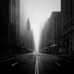 Naklejka premium Empty urban street with tall buildings disappearing into a thick fog, creating a mysterious and atmospheric monochrome city landscape for urban exploration.