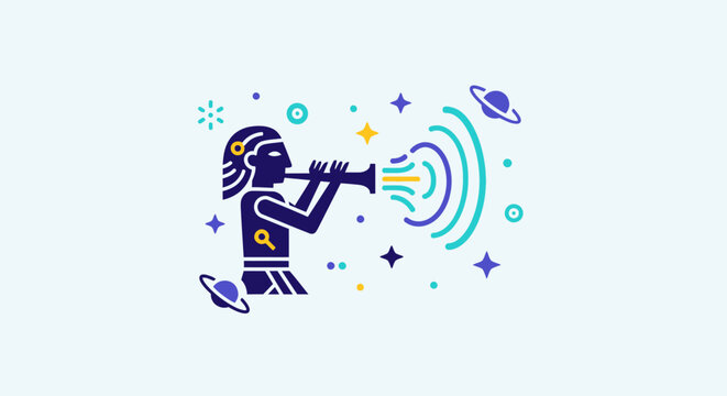 Stylized cosmic deity playing a celestial trumpet in space.