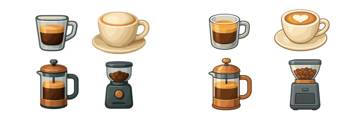 Collection of coffee cups and brewing equipment displayed in a cozy cafe setting