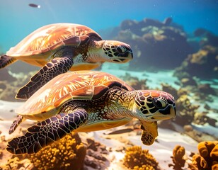 Obraz premium Two turtles swimming in coral reef