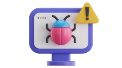 3d cartoon computer monitor displaying a pink and blue beetle bug icon with a yellow warning sign isolated on transparent background