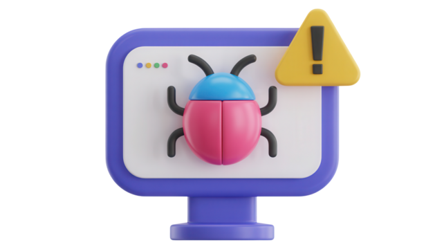 3d cartoon computer monitor displaying a pink and blue beetle bug icon with a yellow warning sign isolated on transparent background